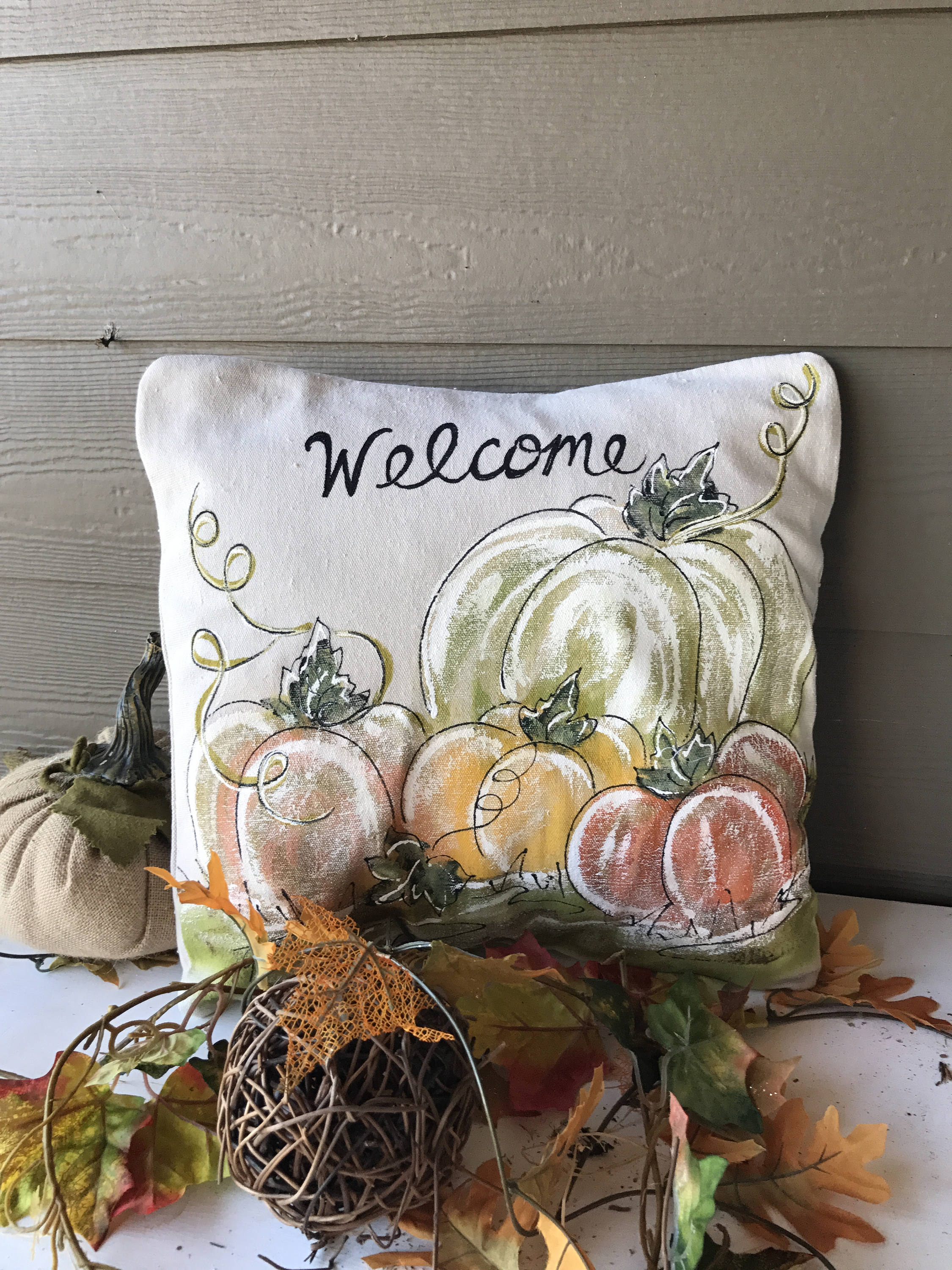 Fall Pastel Pumpkins Welcome Sign Fall Halloween Pumpkin Pillow Cover