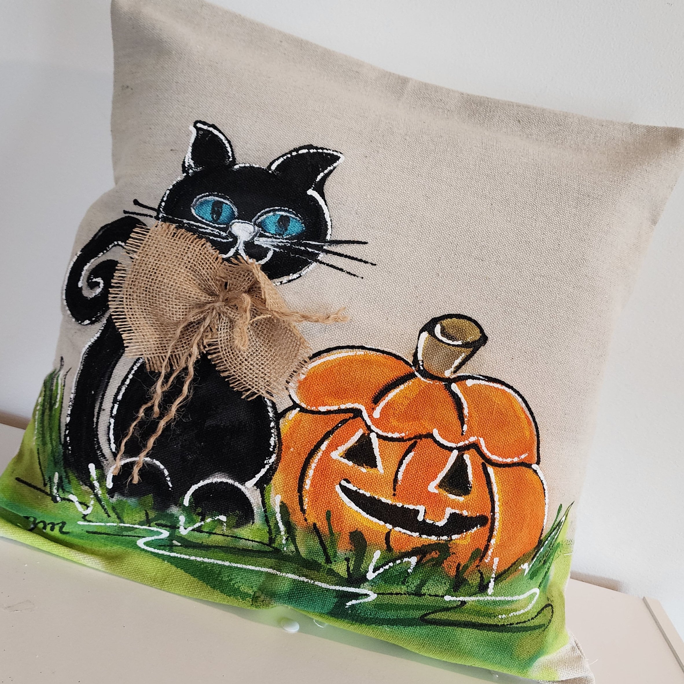 Halloween Cat and Pumpkin Hand-painted Pillow Cover 