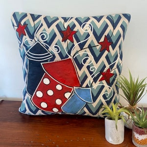 Blue Waves with Fireworks Patriotic Hand Painted Pillow Cover