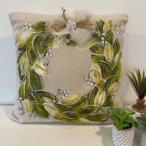 Greenery Wreath, Spring and Summer, Hand-painted, Pillow Cover