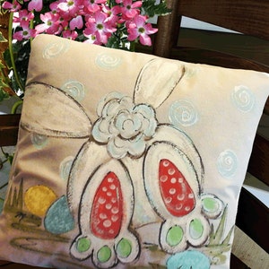 Bunny Tail Pillow, Easter Pillow, Hand-painted, Pillow Cover