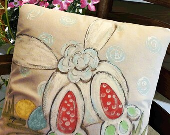 Bunny Tail Easter Pillow, Easter Decorations, Spring and Summer Pillows, Hand-painted, Pillow Cover