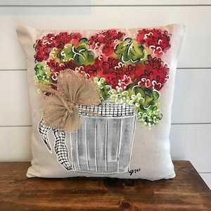Red Geraniums Potted in Bucket with Bow Hand-painted Pillow Cover