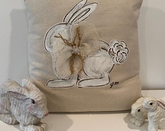 White Bunny Rabbit White Burlap Rhinestone Bow Rhinestone Hand-painted Pillow Cover
