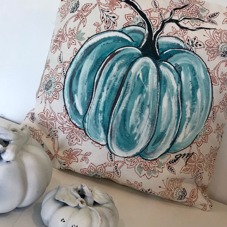 Custom light blue burlap Pumpkin autumn Thanksgiving holiday pillow cover