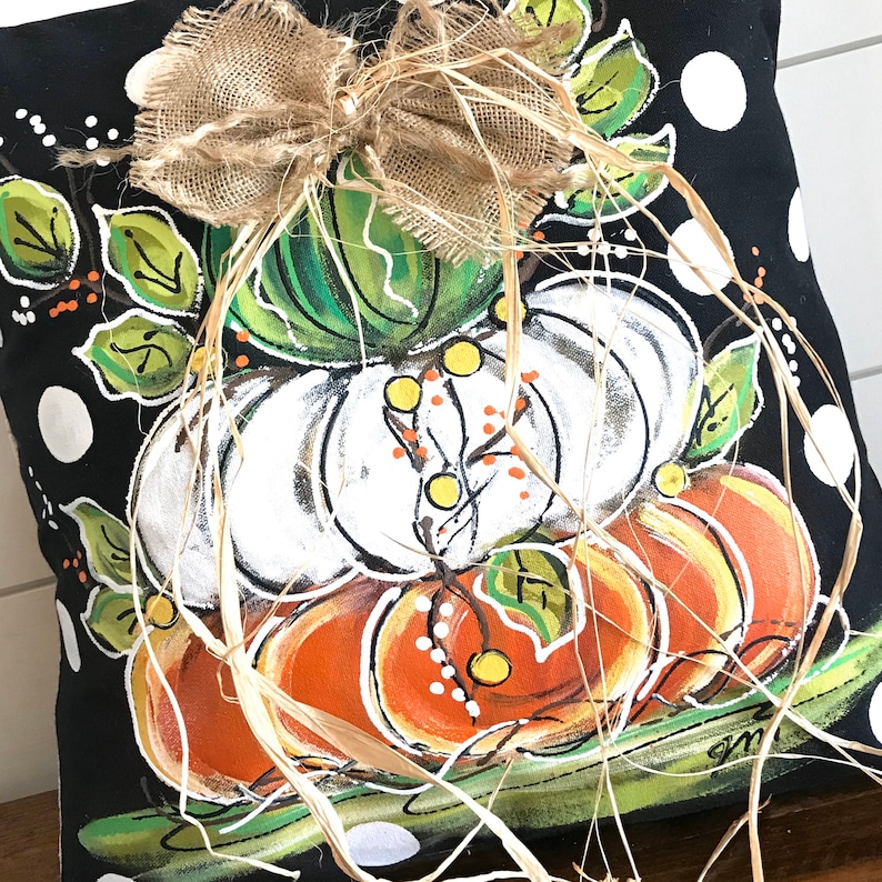 Green Orange Stacked Pumpkins on Black and White Polka Dots Pillow Cover Fall Hand-painted White