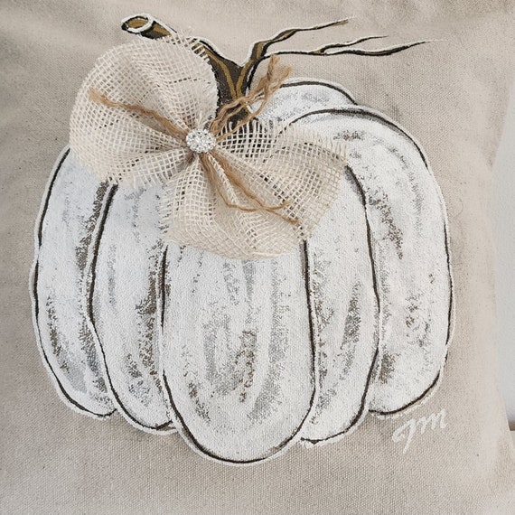 White Pumpkin Rhinestone Burlap Bow Hand Painted Pillow Cover Etsy