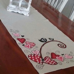 Valentine’s Day Table Runner, Decorations with Hearts, Handmade, Hand-painted