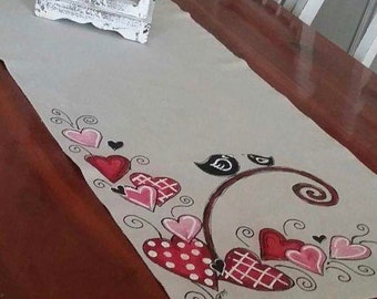 Valentine’s Day Table Runner, Decorations with Hearts, Handmade, Hand-painted