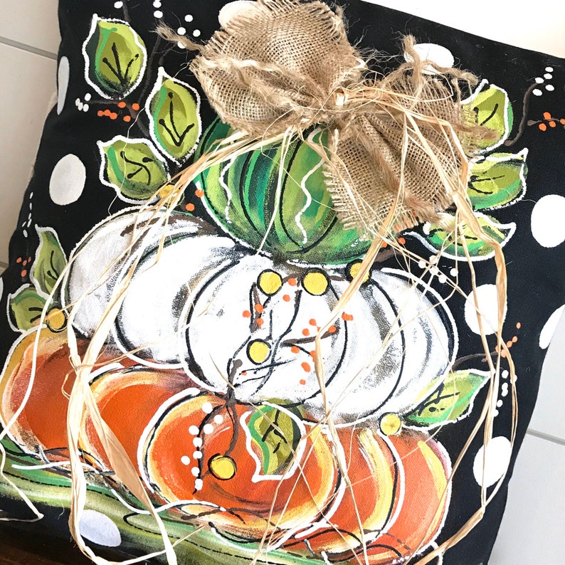 Green Orange Stacked Pumpkins on Black and White Polka Dots Pillow Cover Fall Hand-painted White