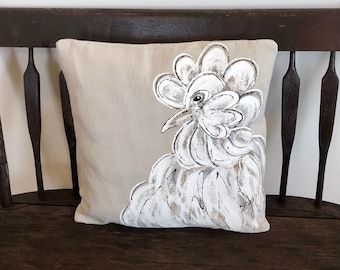 Farmhouse Rooster, Cottage White Pillow, Hand-painted, Pillow Cover