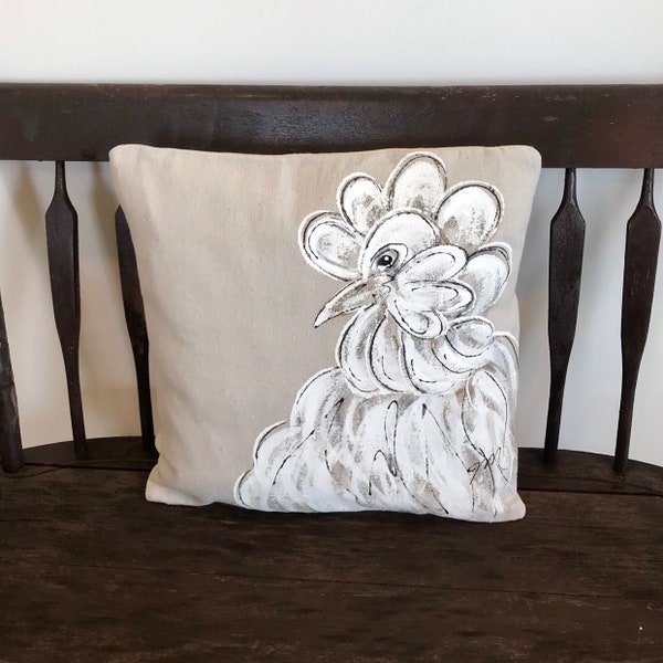 Farmhouse Rooster, Cottage White Pillow, Hand-painted, Pillow Cover