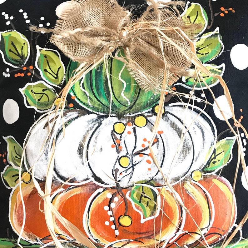 Green Orange Stacked Pumpkins on Black and White Polka Dots Pillow Cover Fall Hand-painted White