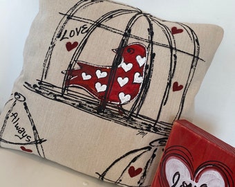 Red Heart Bird in , Holiday Gift, Wedding Ideas, Accent Pillows, Throw Pillows, Hand-painted, Pillow Cover