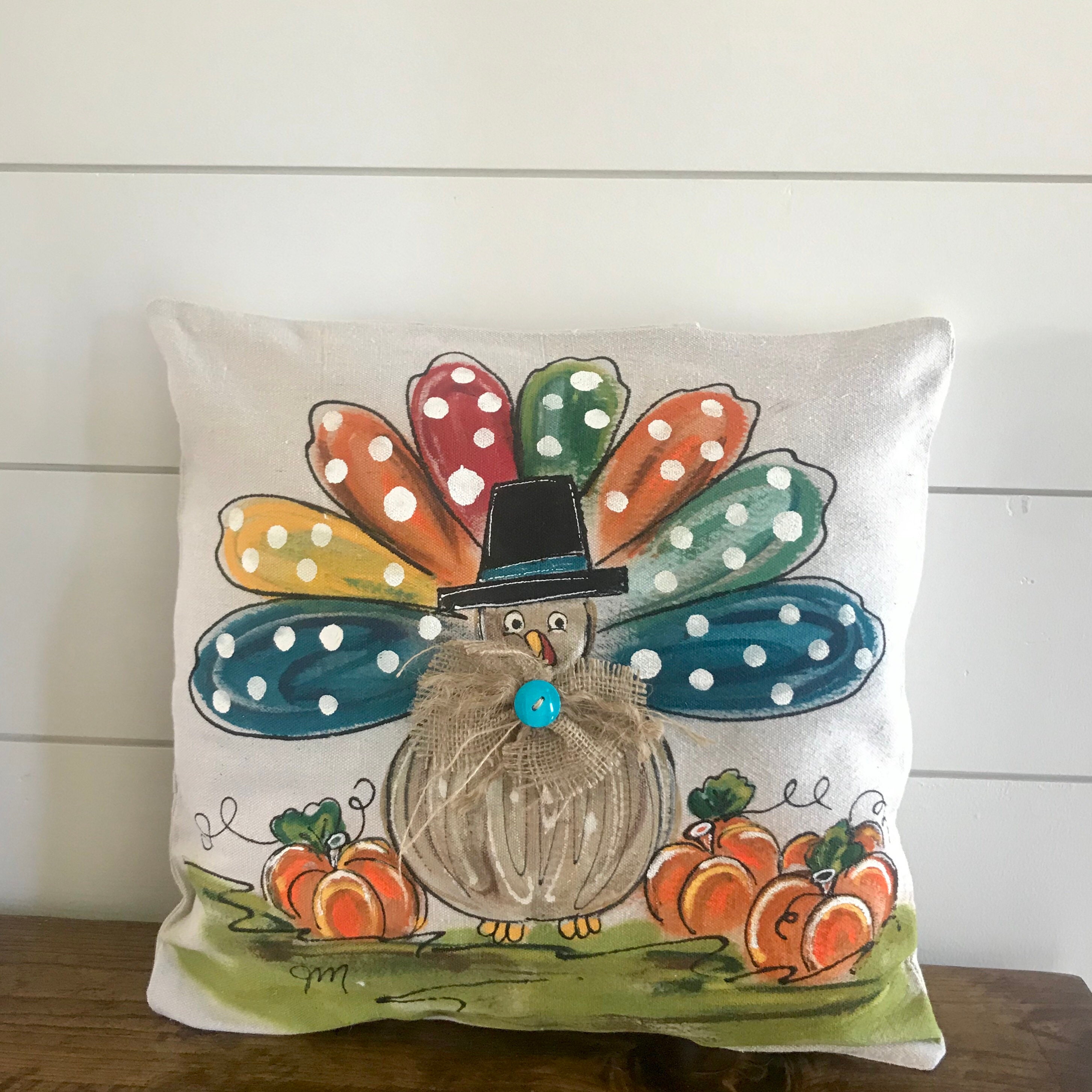 Turkey Pillow Handpainted Thanksgiving Pillow Turkey Etsy