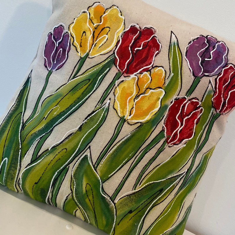 Hand-painted Yellow Red Pillow Cover Pillow with Hand-painted Tulips Purple Coordinating Accent Pillows