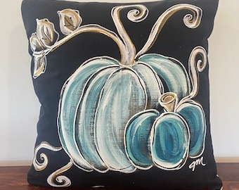 Black with Aqua Pumpkins Handpainted Pillow Cover