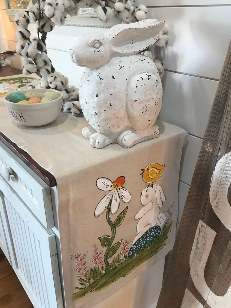 Bunny and Daisy Hand-painted Table Runners, Easter Table Linens, Springtime Decorations, Handmade image 1