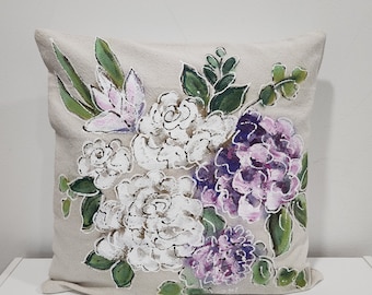 Hydrangeas Purple and White Flower Hand-painted Pillow Cover