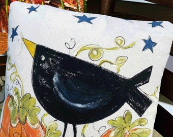 Black Crow Pillow, Halloween Pillows, Hand-painted Pillows, Fall Pillows, Pillow Cover
