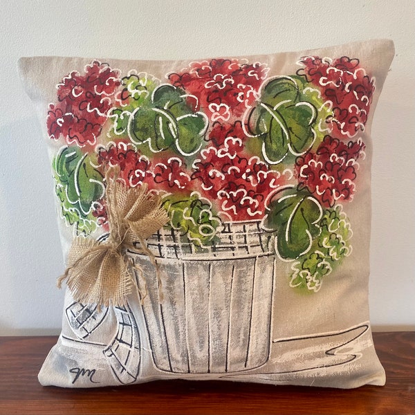 Red Geraniums Potted in Bucket with Bow Hand-painted Pillow Cover