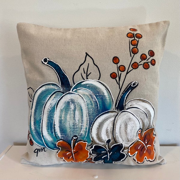 Blue White Pumpkins Rust Leaves Hand-painted Pillow Cover