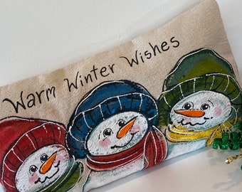 Snowmen with Toboggans and Scarves, Lumbar, Hand-painted, Handmade, Pillow Cover