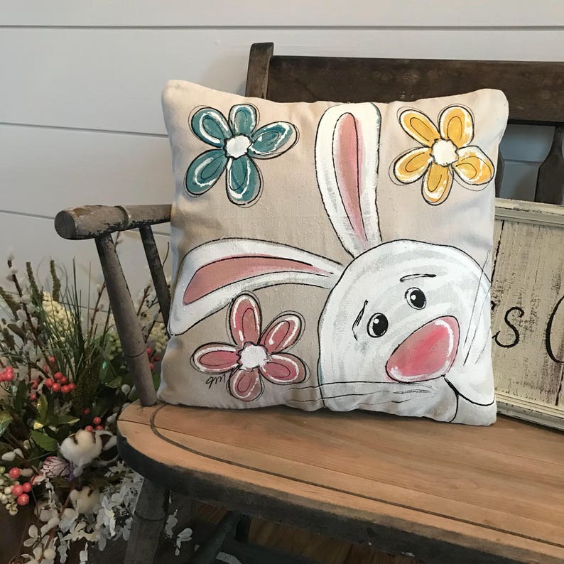 Bunny Pillow Handpainted Sipping Ice Tea Easter Pillows Etsy