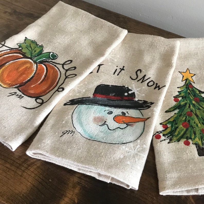 Holiday Hand Towel Gift Set Handpainted Kitchen Dish Towels Etsy