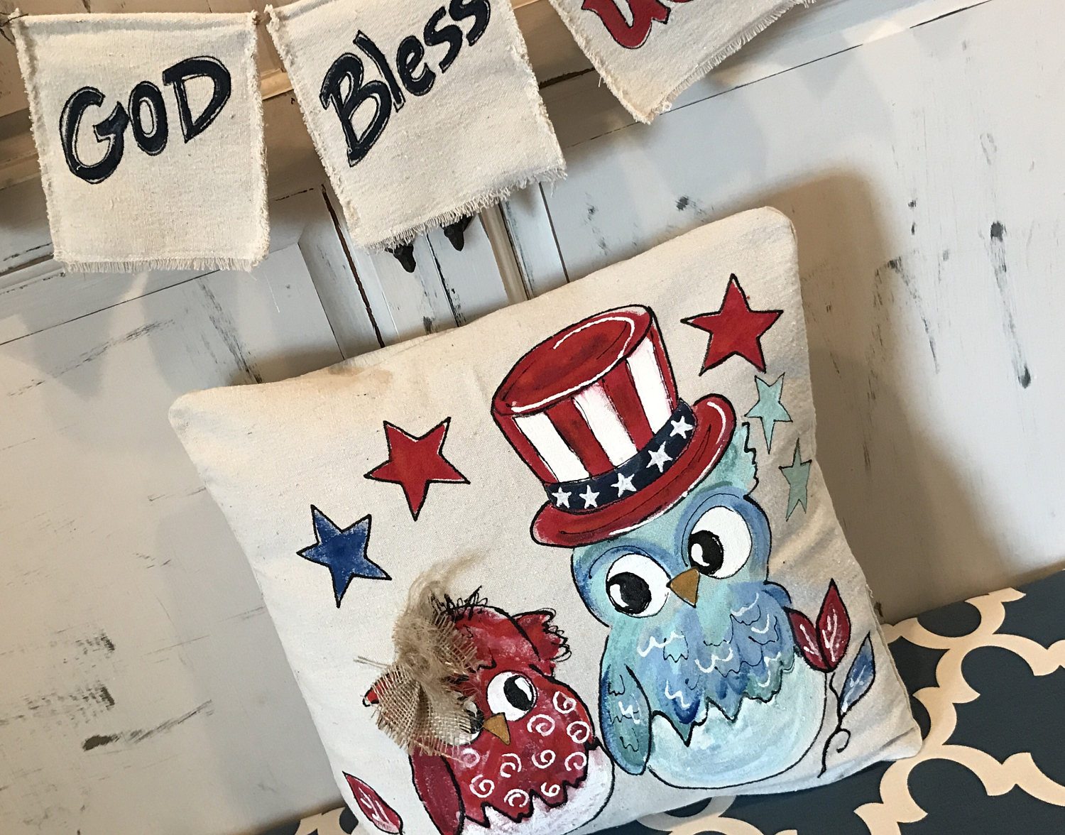 Patriotic, Red, White, and Blue, Owls, Hand-painted, Americana, 4th of July, Handmade,  Pillow Cover