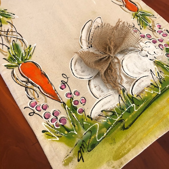 Easter Border Table Runner, Hand-painted, Carrot and Bunny Trim
