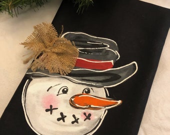 Snowman on Black Hand-painted Kitchen Tea Towel Handmade