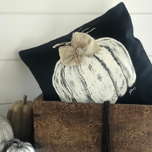 Black Pillow with White Pumpkin, Hand-painted, Burlap and Rhinestone Bow, Fall Holidays, Pillow Cover