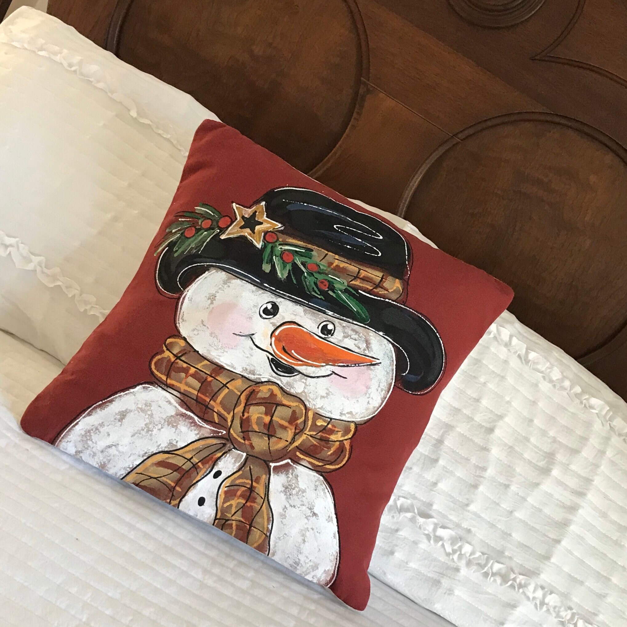 Snowman Pillow Burgundy Cranberry Winter Pillows Hand painted Pillow Cover Etsy Canada