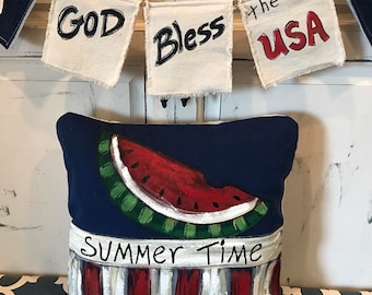Watermelon and Fourth of July, Fireworks, Decorations, Patriotic Pillows, Americana, Indoor/Outdoor Red, White, and Blue, Pillow Cover
