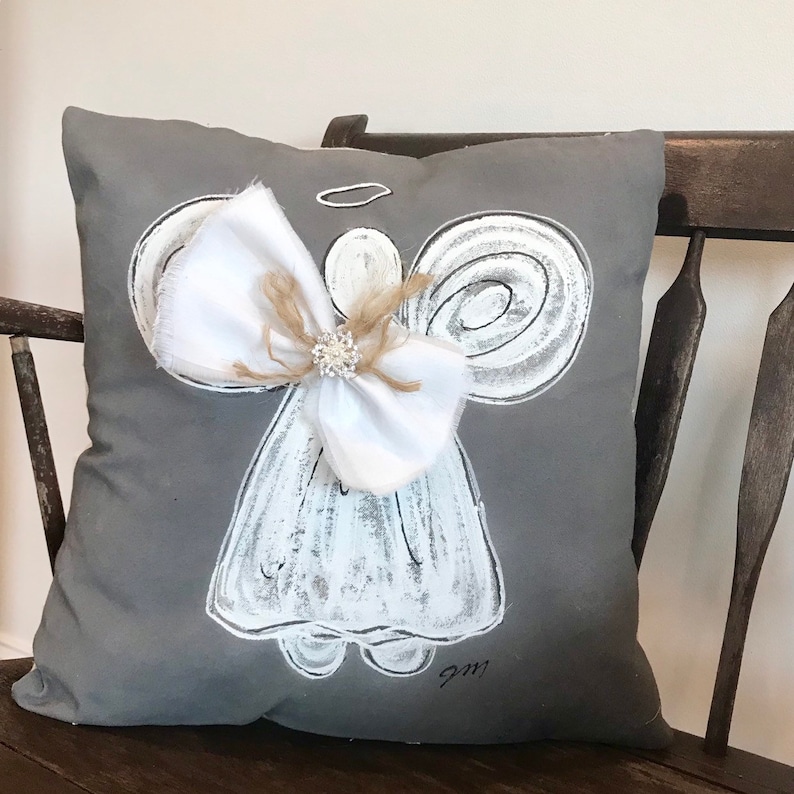 White Angel Handpainted Pillow Rhinestone Bow Gray Pillow Etsy