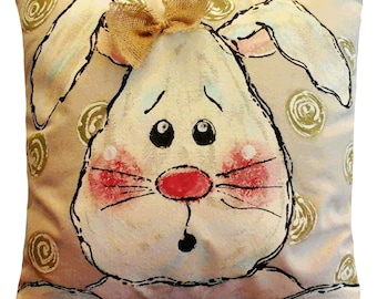 Funny Pet Gifts, Rabbit Painting, Easter Bunny, Floppy, Bow, Easter Pillows, Indoor, Outdoor, Holiday, Hand-painted, Pillow Cover