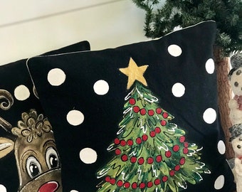 Reindeer Pillow, Christmas Tree Pillow,  Gold Glitter, Hand-painted Pillow Covers