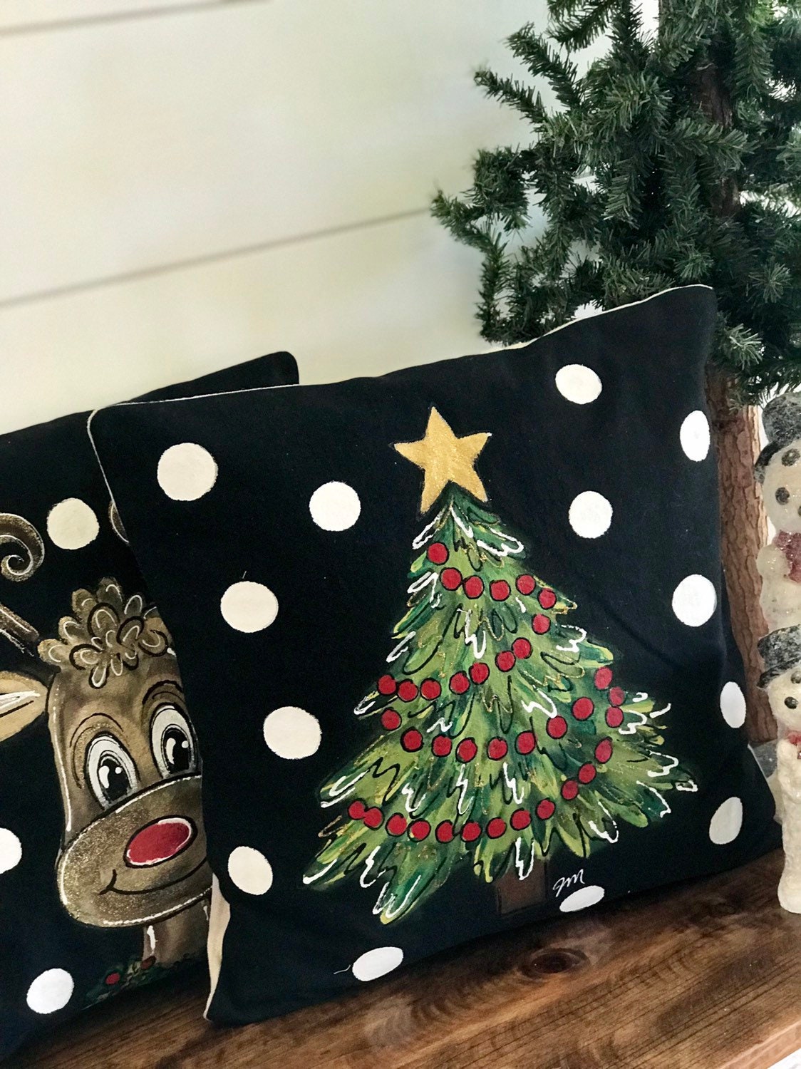 Reindeer Pillow, Christmas Tree Pillow,  Gold Glitter, Hand-painted Pillow Covers