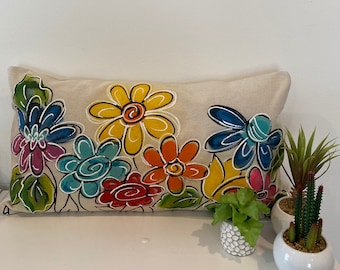 Flower Garden Lumbar, Hand-painted, Pillow Cover