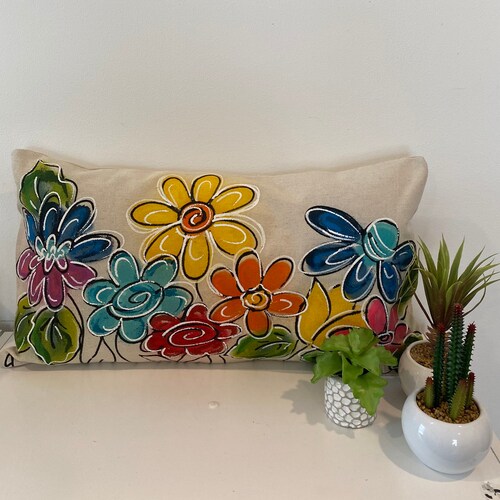 Colorful Flower Pillow Handpainted Garden Pillow Sage Etsy