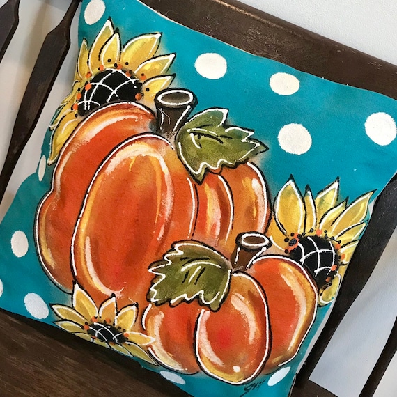 Meet Me at the Pumpkin Patch Fall Pillow with Vintage Turquoise