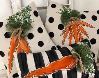 Set! Carrot and Polka Dot Pillows,  Black, White and Orange, Lumbar, Easter, Hand-painted, Pillow Covers