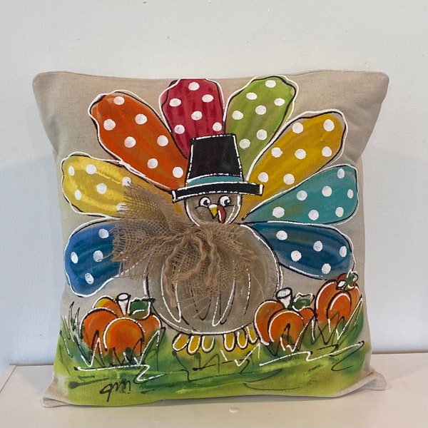 Turkey, Colorful, Polka-dot, Fall Pillows, Thanksgiving, Hand-painted, Pillow Cover