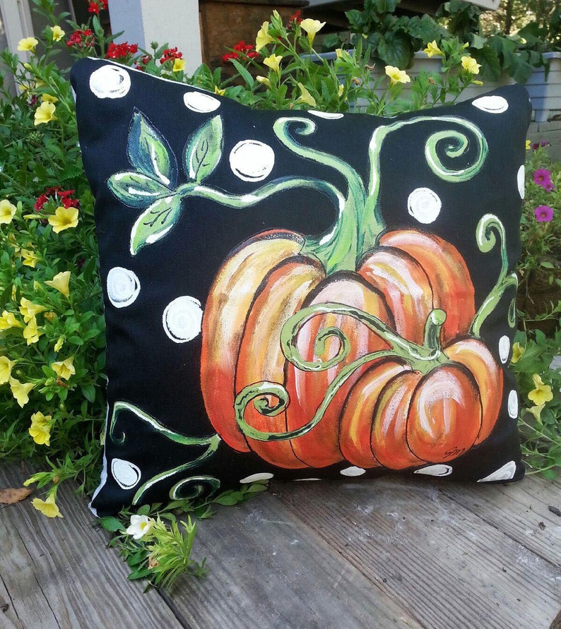 Orange Pumpkin and Vines, Black and White Polka Dot, Fall Pumpkin Pillows, Pillow Cover image 1