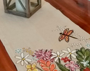 Flower Garden Runner, Dragonfly, Handmade, Hand-painted, Table Runner