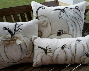 White Pumpkin, Farmhouse, Coordinating Set, Hand Painted, Pillow Cover