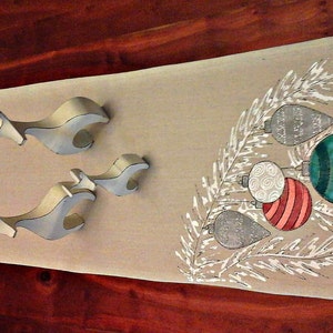 Holiday Linens, Table Runner, Christmas Decorations, Christmas Balls, Five Dangling Christmas Ornaments, Table Cloths, Hand-painted