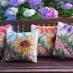 Front Porch Decor, Bohemian Patio, Flowers, Indoor, Outdoor, Decorative Pillows, Colorful, Sunflower, Hand-painted, Pillow Covers