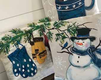 Snowman Mittens Mug Hand-painted Pillow Covers